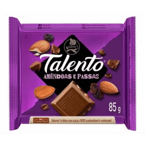 Chocolate Garoto Talento Amêndoas Com Passas 85g